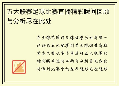 五大联赛足球比赛直播精彩瞬间回顾与分析尽在此处