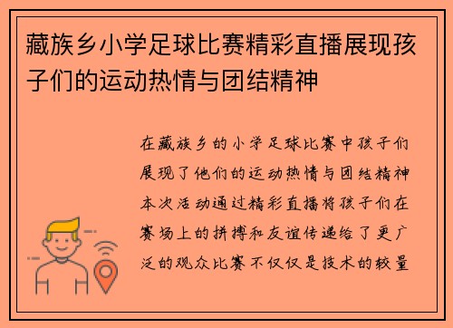 藏族乡小学足球比赛精彩直播展现孩子们的运动热情与团结精神
